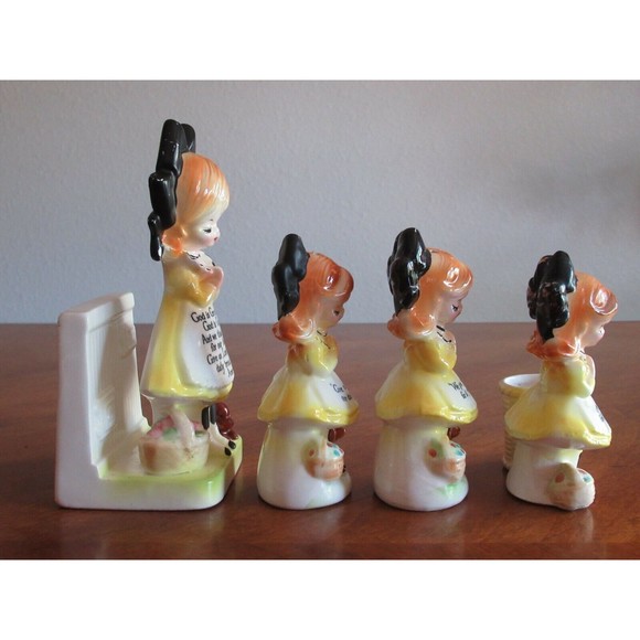 READ* Enesco Kitchen Prayer Girl Yellow Napkin Holder Salt Pepper Toothpick Vtg - Picture 9 of 12